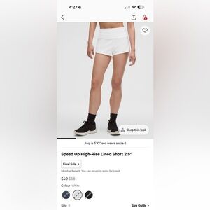 Lululemon White Speed Up High Rise 2.5in Shorts